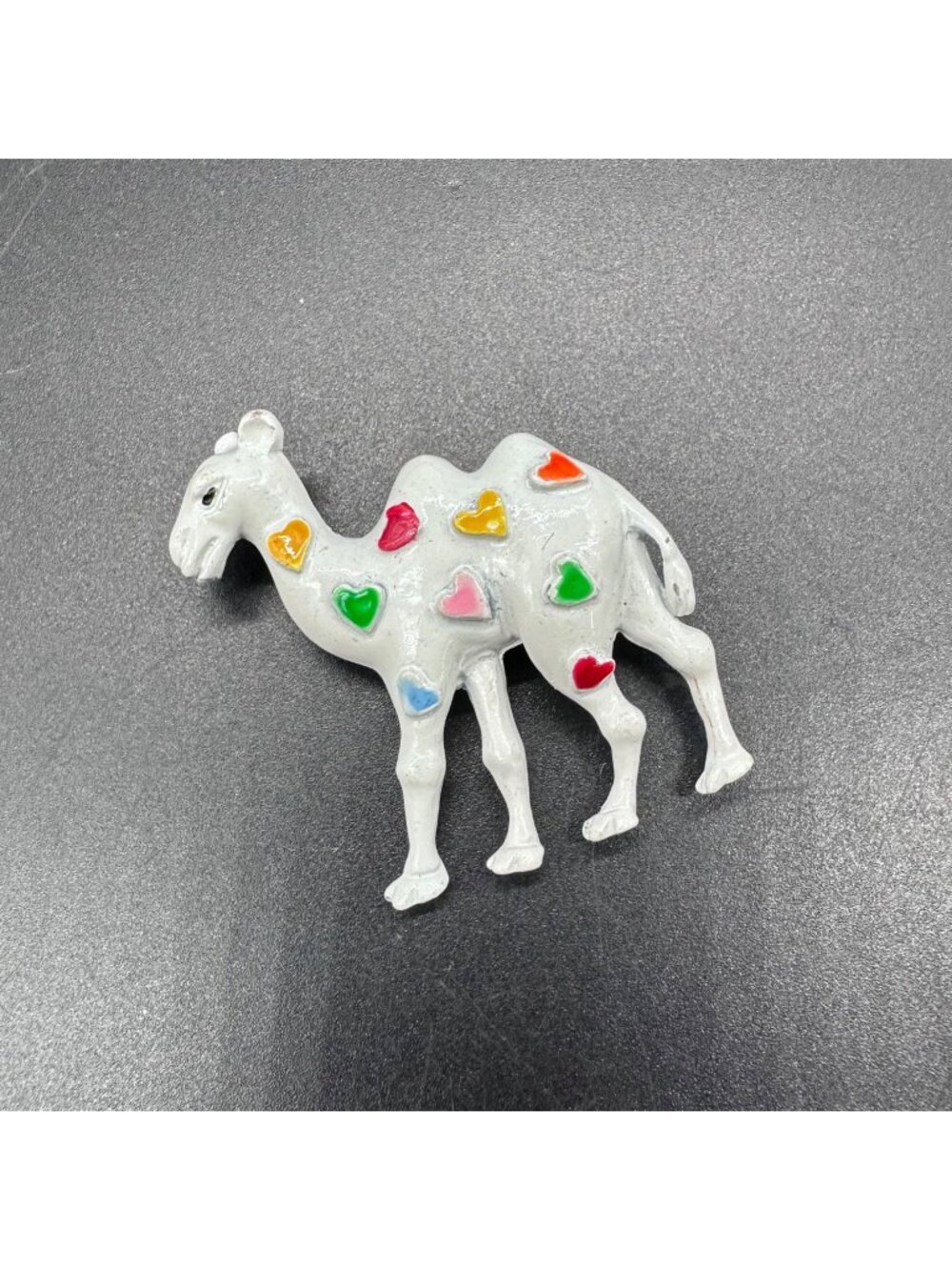 Vintage White Camel Brooch Pin Rainbow Hearts Kitschy Quirky Jewelry 1980s